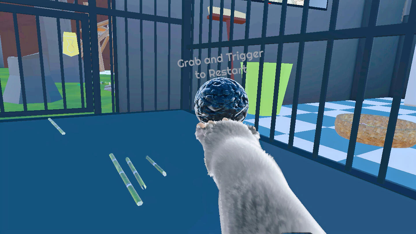 Panda playing inside a zoo enclosure with an open gate nearby
