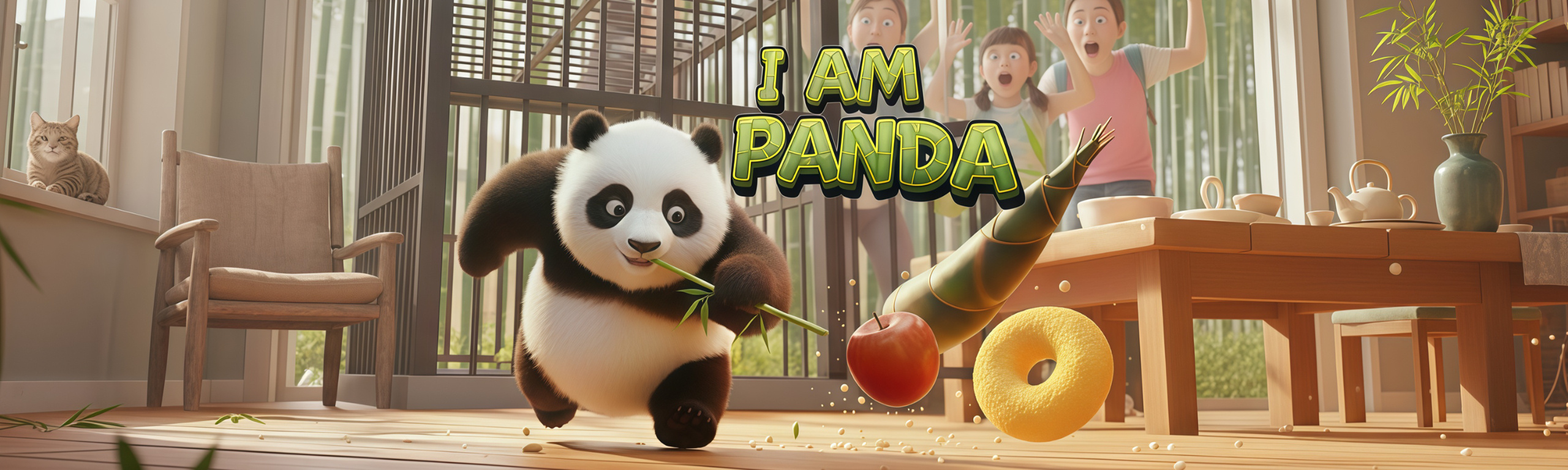 I Am Panda running through a home full of food and surprised visitors